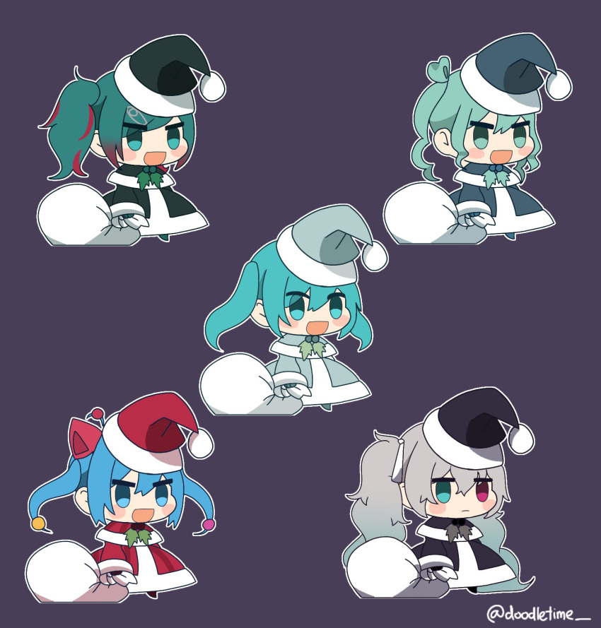 25-ji_miku 25-ji_night_code_de._(project_sekai) 5girls aqua_eyes aqua_hair black_capelet black_dress black_headwear black_mittens blue_hair blush_stickers capelet chibi closed_mouth commentary dress english_commentary fur-trimmed_capelet fur-trimmed_dress fur-trimmed_headwear fur_trim green_dress green_eyes green_hair green_headwear grey_hair grey_mittens hat hatsune_miku heterochromia highres holding holding_sack holly leo/need_(project_sekai) light_frown long_hair meme more_more_jump!_(project_sekai) multicolored_hair multiple_girls multiple_persona open_mouth padoru_(meme) pink_hair pom_pom_(clothes) project_sekai purple_background ravioli_(doodletime) red_capelet red_dress red_eyes red_headwear sack santa_costume santa_hat solid_oval_eyes streaked_hair twintails twitter_username v-shaped_eyebrows vivid_bad_squad_(project_sekai) vocaloid wonderlands_x_showtime_(project_sekai)