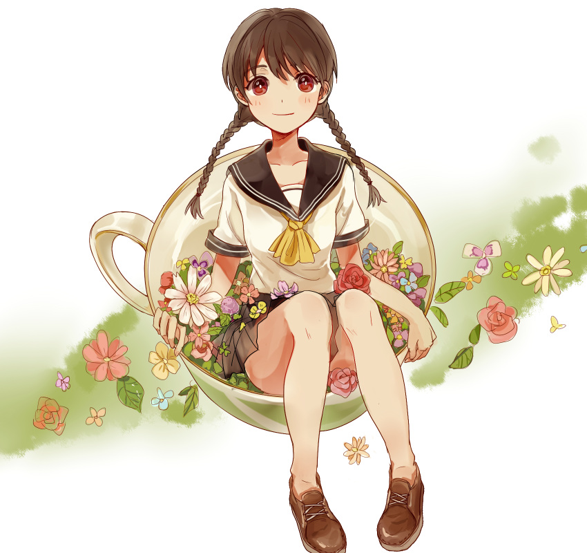1girl 270_(woshizongg) ascot bangs bare_legs black_sailor_collar black_skirt blue_flower braid brown_footwear brown_hair chinese_commentary closed_mouth collarbone cup flower green_flower highres in_container in_cup leaf looking_at_viewer low_twintails original oversized_object pink_flower pink_rose pleated_skirt purple_flower red_eyes red_flower red_rose rose sailor_collar school_uniform serafuku short_sleeves size_difference skirt sleeve_cuffs solo teacup twin_braids twintails white_background white_flower white_serafuku yellow_ascot yellow_flower