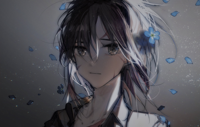 1girl absurdres angelia_(girls'_frontline) black_hair blue_flower blueblossom collared_shirt commentary english_commentary expressionless falling_petals flower girls_frontline hair_between_eyes highres looking_at_viewer messy_hair petals portrait scar scar_on_face shirt solo yellow_eyes
