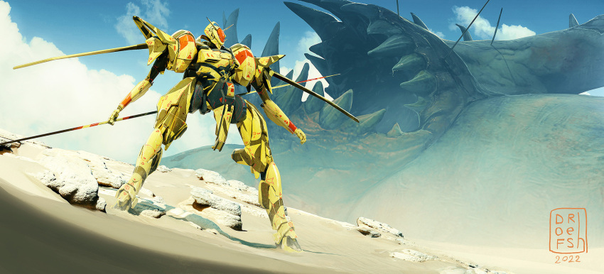 blue_sky day dofresh giant giant_monster highres holding holding_polearm holding_weapon mecha monster no_humans original outdoors polearm robot science_fiction sky weapon