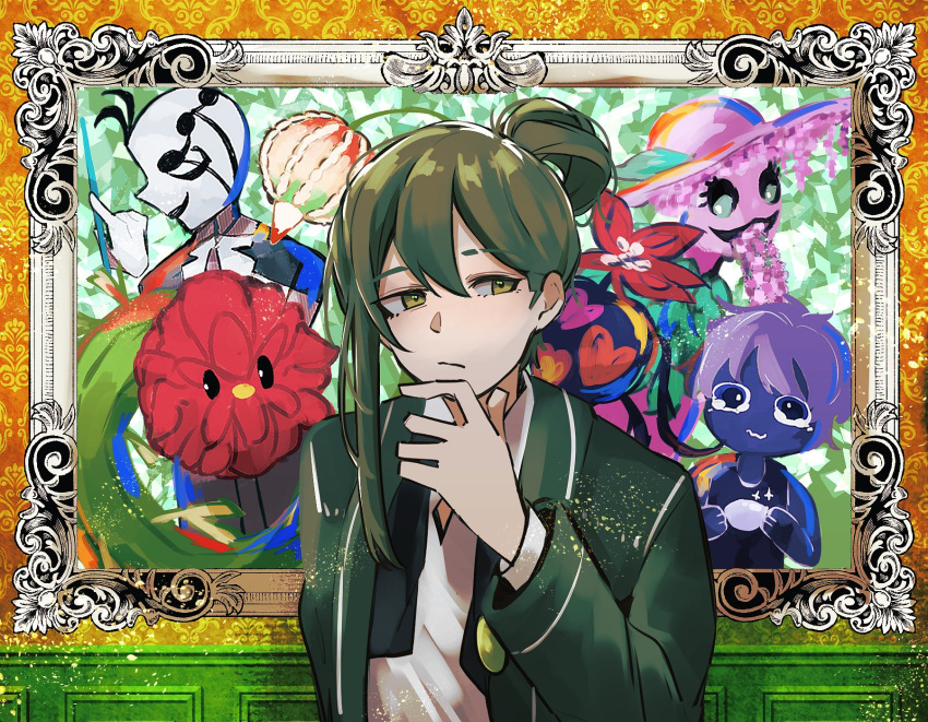 1boy :/ alriune black_tank_top blue_skin child_of_the_galaxy colored_skin disembodied_limb flower fragment_of_the_universe green_eyes green_hair green_jacket hair_between_eyes hair_bun hand_on_own_chin hat highres jacket library_of_ruina looking_away male_focus monster nakame77 netzach_(project_moon) painting_(object) picture_frame pink_headwear porccubus project_moon purple_hair red_flower shirt short_hair single_hair_bun single_sidelock tank_top tearing_up the_silent_orchestra undone_ascot upper_body wallpaper_(object) white_shirt