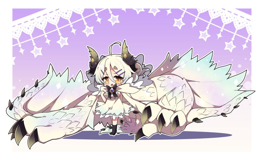 1girl absurdres ahoge bangs black_bow black_socks blush bow breasts brown_eyes character_request commentary_request dragon_girl dragon_horns dragon_tail dragon_wings dress hair_between_eyes hair_bun hair_ornament hairclip highres horns jacket large_breasts milkpanda monster_hunter_(series) no_shoes open_mouth personification purple_background short_eyebrows socks solo star_(symbol) tail thick_eyebrows white_dress white_hair white_jacket white_wings wings