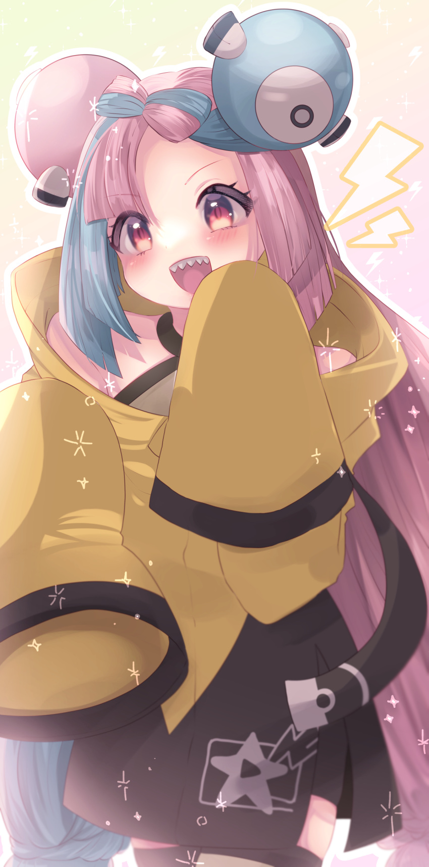1girl :d absurdres aqua_hair bangs blush character_hair_ornament commentary_request hair_ornament happy highres iono_(pokemon) jacket long_hair multicolored_hair open_mouth pink_hair pokemon pokemon_(game) pokemon_sv sharp_teeth sleeves_past_fingers sleeves_past_wrists smile solo star_(symbol) star_print teeth twintails two-tone_hair upper_teeth yahagi_(yui1251) yellow_jacket