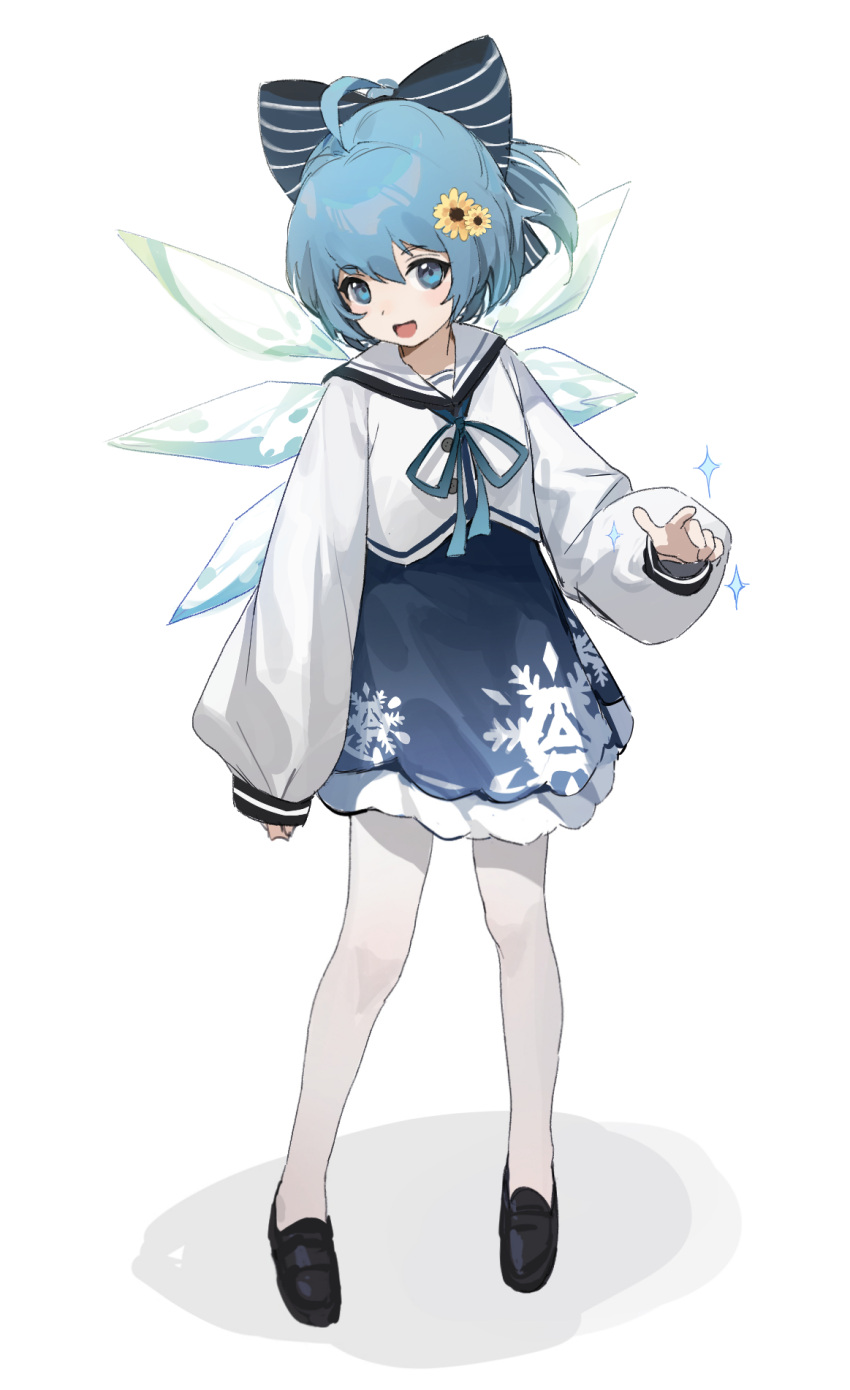 1girl ahoge alternate_costume bangs blue_bow blue_eyes blue_hair blue_ribbon blush bow buttons cirno flower full_body hair_bow hair_flower hair_ornament highres ice ice_wings loafers long_sleeves looking_at_viewer neck_ribbon open_mouth pantyhose ponytail puffy_long_sleeves puffy_sleeves ribbon school_uniform serafuku shoes short_hair siyumu snowflake_print solo striped striped_bow touhou white_background white_pantyhose wings yellow_flower