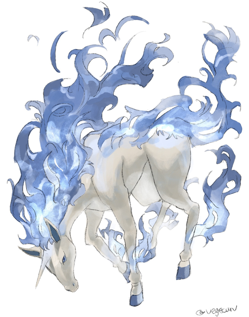 alternate_color blue_fire commentary_request fire highres no_humans pecohophop pokemon pokemon_(creature) rapidash shiny_pokemon simple_background solo standing twitter_username unicorn white_background