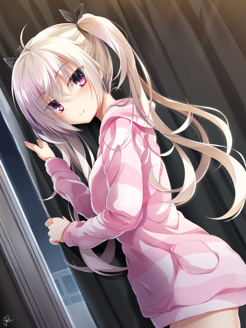 1girl ahoge akizuki_kanna bangs black_ribbon blush bow breasts cafe_stella_to_shinigami_no_chou chaamii curtain_grab curtains eyebrows_hidden_by_hair eyelashes fingernails fringe_trim hair_between_eyes hair_bow highres hood indoors large_breasts lips long_hair looking_at_viewer night pajamas pink_pajamas ribbon sidelocks smile solo standing twintails very_long_hair violet_eyes watermark white_hair yuzu-soft