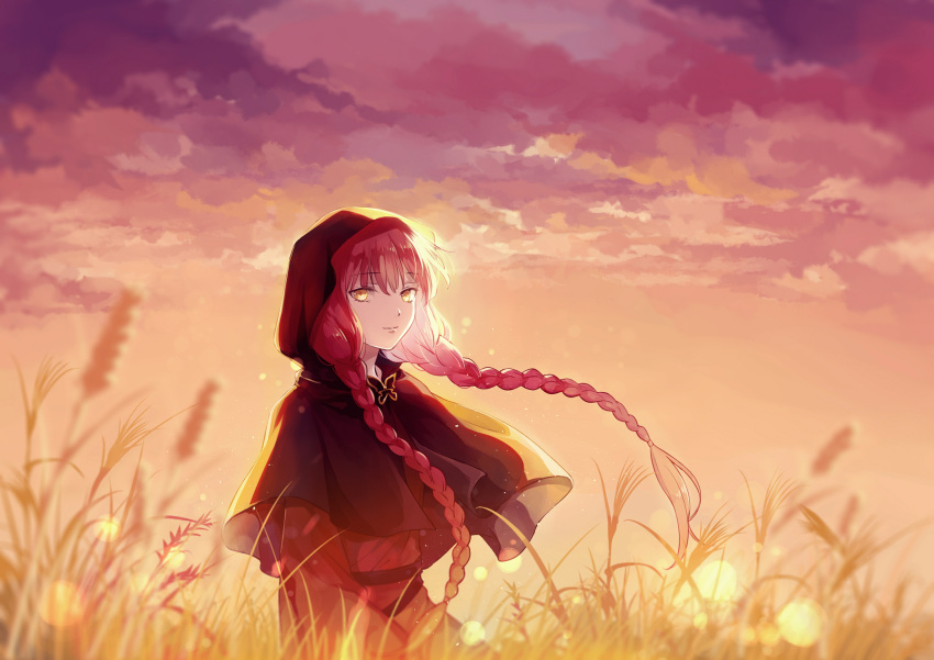 1girl bangs braid butterfly_ornament capelet clouds cloudy_sky fata_morgana_no_yakata field highres hood hood_up hooded_capelet light_smile long_braid long_hair looking_at_viewer morgana_(fata_morgana_no_yakata) orange_sky outdoors redhead sky smile solo sunset twin_braids wheat wheat_field wind winniconan yellow_eyes