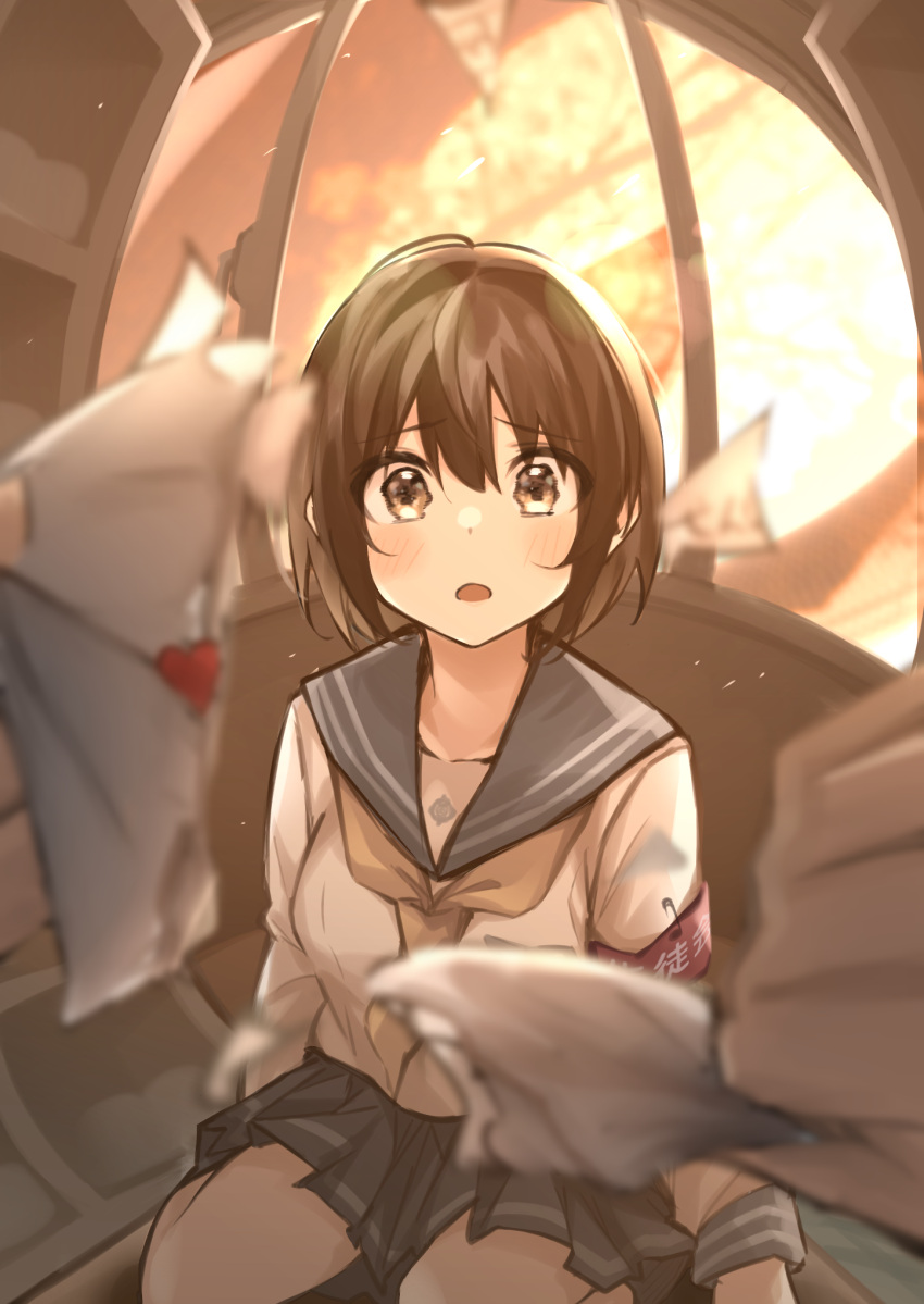 1girl arm_rest armband arms_at_sides bangs brown_hair collarbone commentary day envelope fisheye grey_sailor_collar grey_skirt hair_between_eyes heart highres indoors itame_moyashi letter long_sleeves looking_at_viewer love_letter neckerchief open_mouth original pleated_skirt pov red_armband sad sailor_collar scenery school_uniform seiza serafuku short_hair sitting skirt sleeve_cuffs solo_focus sunlight tearing_up torn_paper uniform wavy_eyes white_serafuku window yellow_eyes yellow_neckerchief