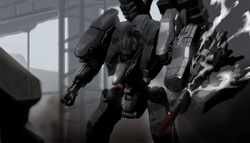 absurdres armored_core armored_core_6 battle character_request clenched_hand dripping glowing glowing_eyes highres maxilax mecha no_humans oil pile_bunker red_eyes robot science_fiction smoke solo upper_body weapon