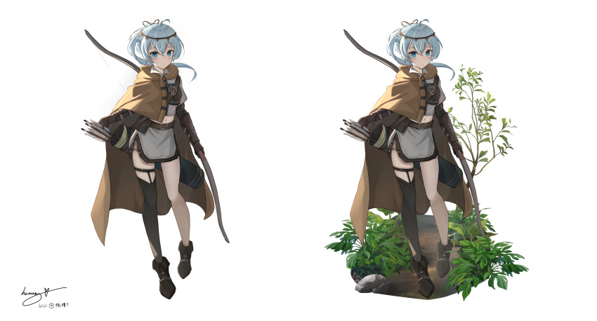 1girl absurdres ahoge arrow_(projectile) bangs belt blue_eyes blue_gemstone bow_(weapon) breasts brown_belt brown_cloak brown_footwear brown_thighhighs cloak closed_mouth commentary earrings english_commentary facepaint full_body gem gloves grey_hair grey_shirt grey_skirt hair_between_eyes hair_ornament highres holding holding_bow_(weapon) holding_weapon humany jewelry leather leather_gloves long_hair looking_at_viewer midriff multiple_belts multiple_views navel on_ground original outdoors plant ponytail quiver rock shirt side_slit simple_background single_thighhigh skirt small_breasts standing thigh-highs thigh_strap vambraces variations weapon white_background