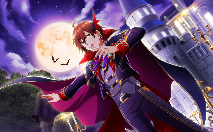 1boy ahoge amagase_touma bat_(animal) belt brown_eyes cape castle earrings fingernails glint hair_between_eyes highres idolmaster idolmaster_side-m idolmaster_side-m_live_on_stage! jewelry long_fingernails looking_at_viewer male_focus moon night night_sky official_alternate_costume official_art sharp_fingernails sharp_teeth single_earring sky smile star_(sky) teeth third-party_source tongue tongue_out tree vampire_costume