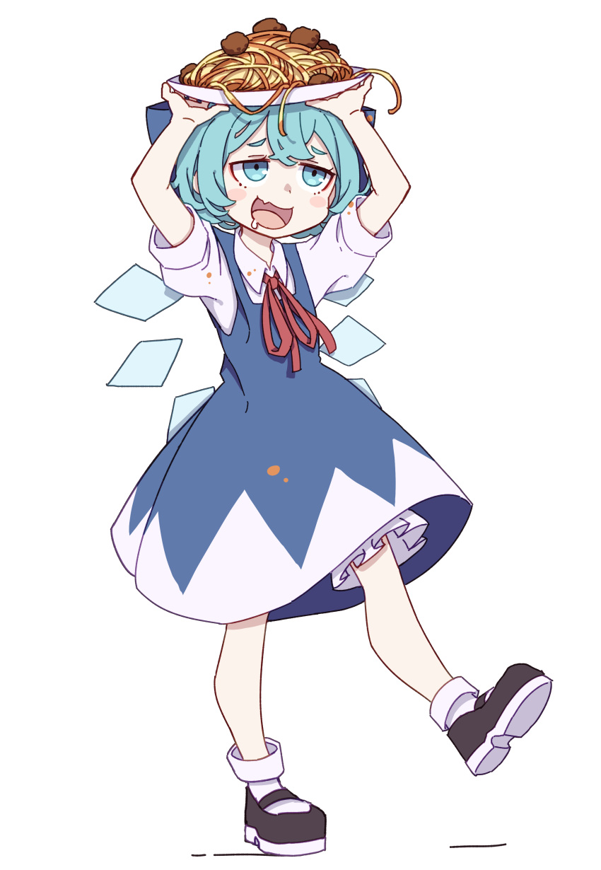 1girl absurdres black_footwear blue_bow blue_dress blue_eyes blue_hair blush_stickers bow cirno collared_shirt detached_wings dress drooling fairy fang food full_body hair_bow highres ice ice_wings kame_(kamepan44231) open_mouth pasta shirt shoes short_hair short_sleeves simple_background skin_fang socks solo touhou white_background white_shirt white_socks wings