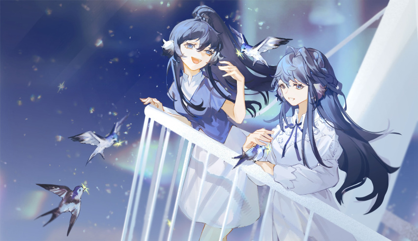 2girls :d absurdres arknights astesia_(arknights) astgenne_(arknights) beak_hold bird blue_eyes blue_hair blue_ribbon blue_shirt bright_pupils chenshenmeyua collared_dress cowboy_shot dress hand_up highres long_hair looking_at_animal mouth_hold multiple_girls night night_sky open_mouth outdoors petting ponytail railing ribbon shirt siblings skirt sky smile star_(symbol) white_dress white_pupils white_shirt white_skirt