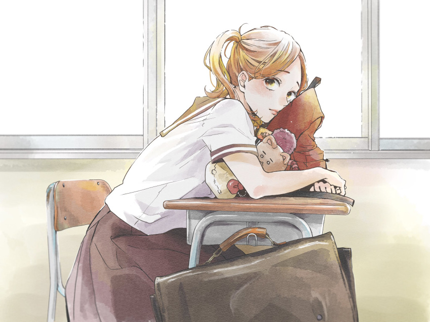 1girl bag_removed black_bag black_sailor_collar black_skirt blush bow brown_bag brown_hair chair charm_(object) classroom closed_mouth commentary desk from_side furusato_kou hairstyle_request highres indoors leaning_on_object light_brown_hair looking_to_the_side medium_hair object_hug on_chair original pink_lips red_bow sailor_collar school_desk school_uniform serafuku short_sleeves sitting skirt sleeve_cuffs solo stuffed_animal stuffed_toy white_serafuku window yellow_eyes