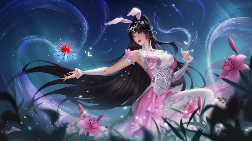 1girl animal_ears aoi_(ycg_qq) black_hair bug butterfly collar douluo_dalu flower glowing_butterfly grass highres light_particles long_hair looking_to_the_side metal_collar night outstretched_hand parted_lips ponytail rabbit_ears solo spider_lily teeth thigh-highs xiao_wu_(douluo_dalu)