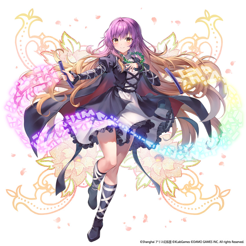 1girl bead_bracelet bead_necklace beads black_dress black_footwear blonde_hair blush boots bracelet copyright dress floating_hair full_body gin_(gin937) gradient_hair hand_on_own_chest hands_up highres hijiri_byakuren holding holding_scroll jewelry long_sleeves looking_at_viewer multicolored_hair necklace official_art purple_hair scroll smile solo sorcerer's_sutra_scroll touhou touhou_arcadia_record turtleneck two-tone_dress white_dress yellow_eyes