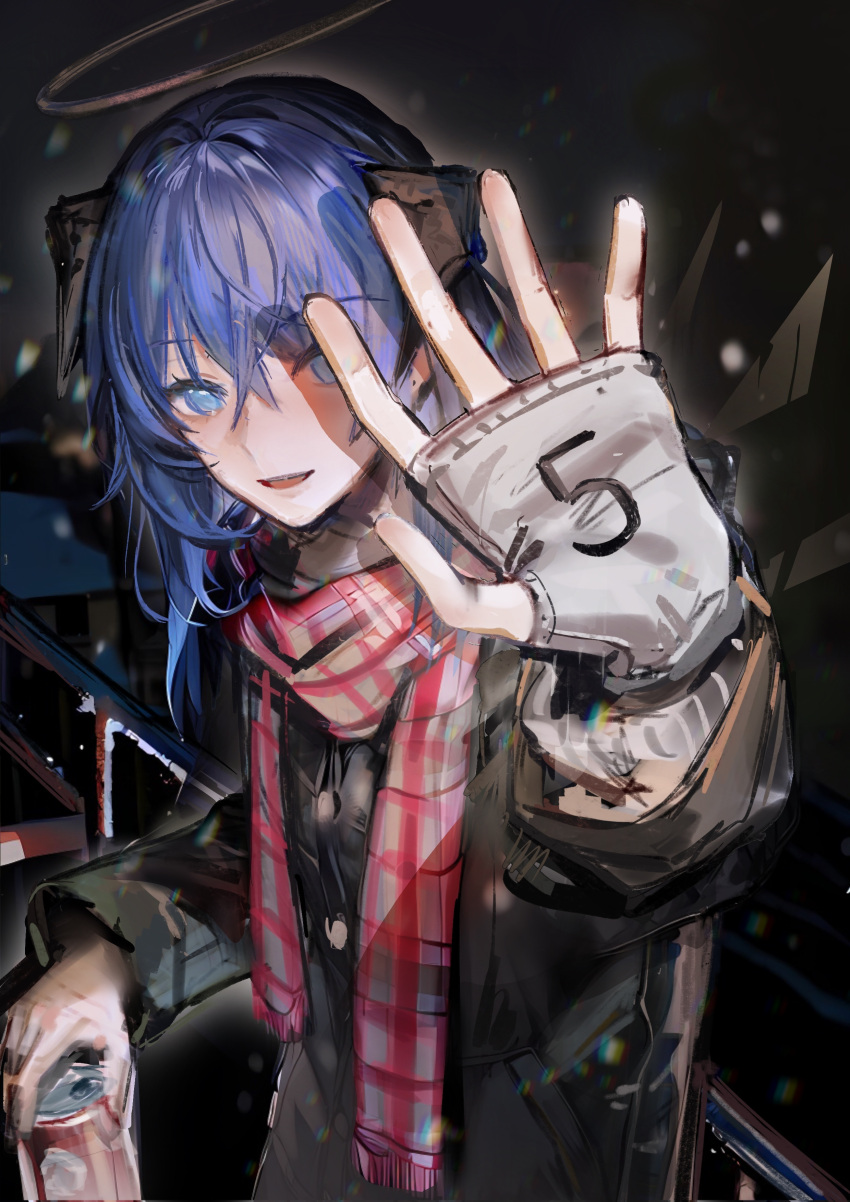 1girl :d absurdres arknights bangs black_jacket blue_eyes blue_hair can commentary_request detached_wings fingerless_gloves fringe_trim gloves grey_gloves hair_between_eyes halo highres holding holding_can horns jacket liangban_xiexu long_hair long_sleeves looking_at_viewer mostima_(arknights) night night_sky outdoors plaid plaid_scarf railing scarf single_glove sky smile solo white_scarf wings