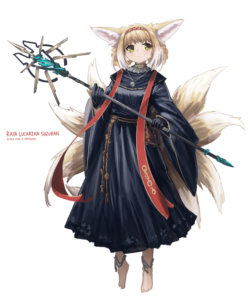 1girl absurdres animal_ears arknights bangs barefoot black_dress black_gloves blonde_hair braid character_name closed_mouth commentary copyright_name cosplay dress elden_ring english_commentary fox_ears fox_girl fox_tail franlol full_body gloves green_eyes hair_rings highres holding holding_staff kitsune long_sleeves looking_away looking_to_the_side multicolored_hair raya_lucaria_sorcerer raya_lucaria_sorcerer_(cosplay) simple_background solo staff suzuran_(arknights) tail twin_braids two-tone_hair white_background white_hair wide_sleeves