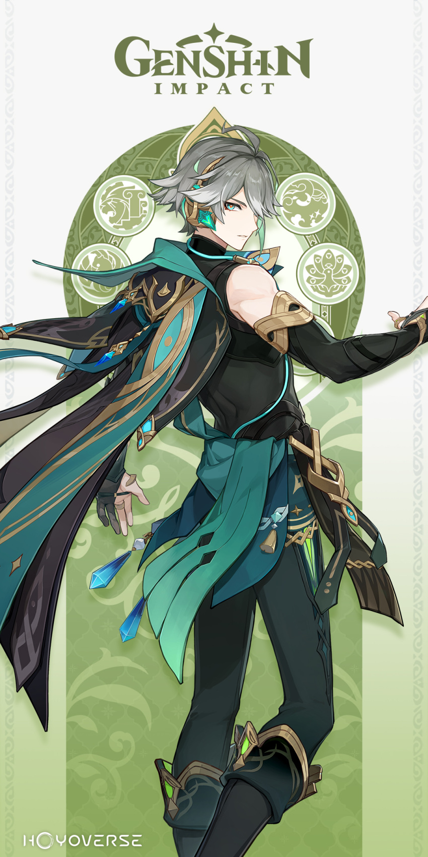 1boy alhaitham_(genshin_impact) bangs black_gloves cape closed_mouth detached_sleeves english_commentary genshin_impact gloves green_hair grey_hair hair_between_eyes hair_over_one_eye highres logo male_focus multicolored_hair official_art parted_lips partially_fingerless_gloves shoulder_cape solo