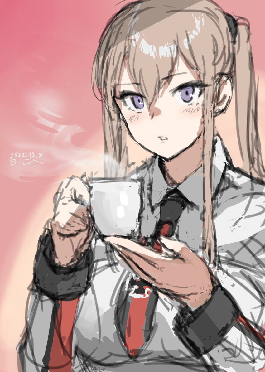 1girl 9-ga bangs blush breasts cross cup dated graf_zeppelin_(kancolle) grey_hair hair_between_eyes highres holding holding_cup iron_cross kantai_collection large_breasts long_hair long_sleeves necktie no_headwear signature simple_background sketch solo steam twintails upper_body violet_eyes