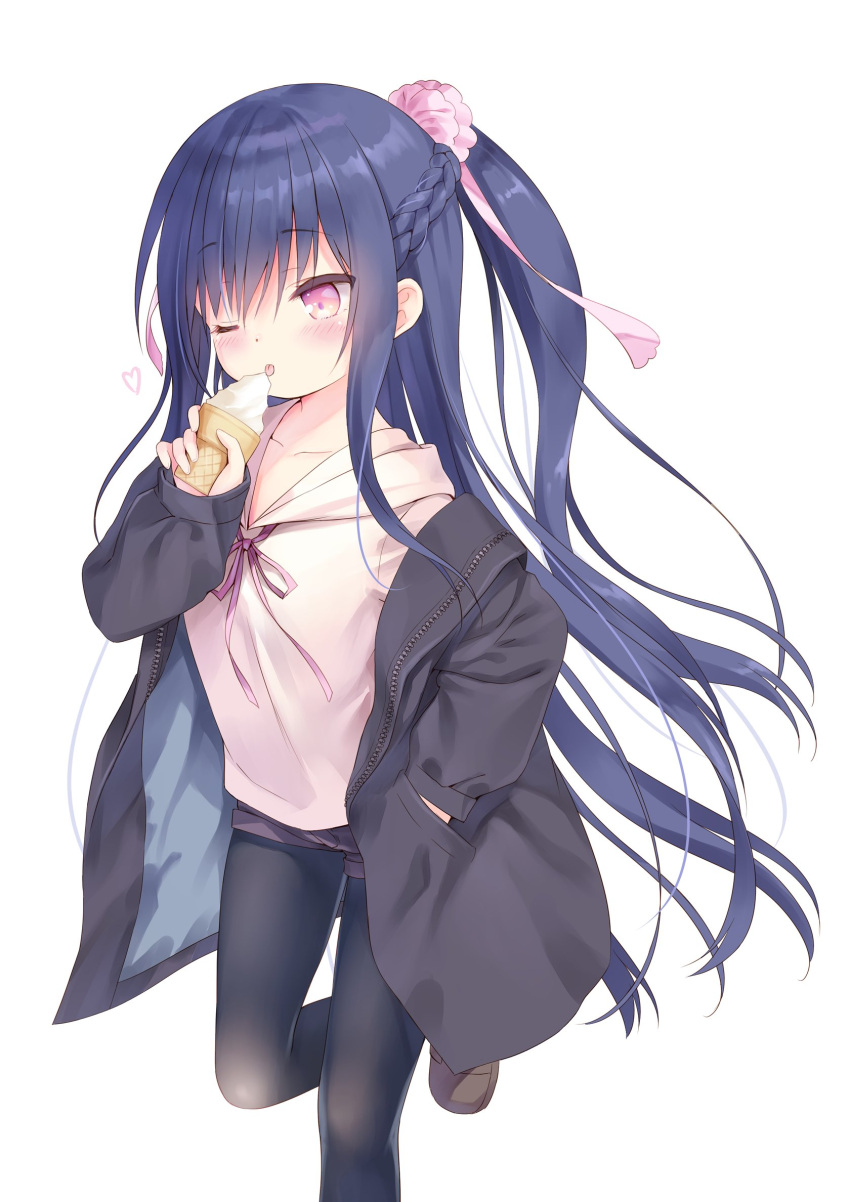 1girl bangs black_jacket black_pantyhose blue_hair blush braid brown_footwear coat collarbone eating food hair_between_eyes hair_tie half_updo hand_in_pocket hand_up heart highres holding_ice_cream hood hood_down hoodie ice_cream jacket long_hair long_sleeves micro_shorts na-ga neck_ribbon off_shoulder one_eye_closed open_clothes open_coat original pantyhose pink_eyes pink_hoodie pink_ribbon ribbon shorts sidelocks simple_background sleeves_past_wrists solo tongue tongue_out very_long_hair walking white_background