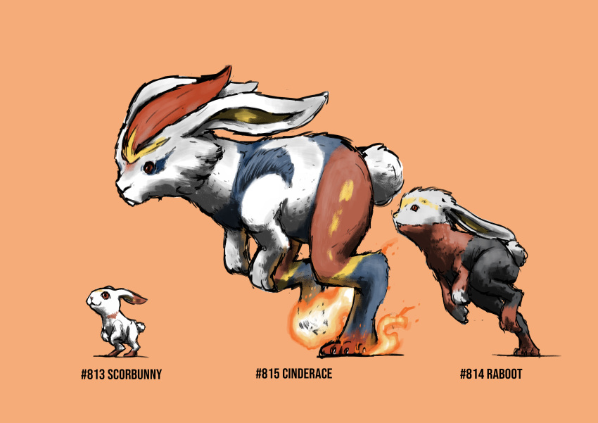 :&lt; :3 absurdres animal_focus blacknirrow buck_teeth character_name cinderace claws closed_mouth commentary english_commentary english_text evolutionary_line fire full_body highres leg_up no_humans orange_background pokedex_number pokemon pokemon_(creature) rabbit raboot realistic red_eyes redhead running scorbunny short_hair simple_background sketch standing standing_on_one_leg teeth