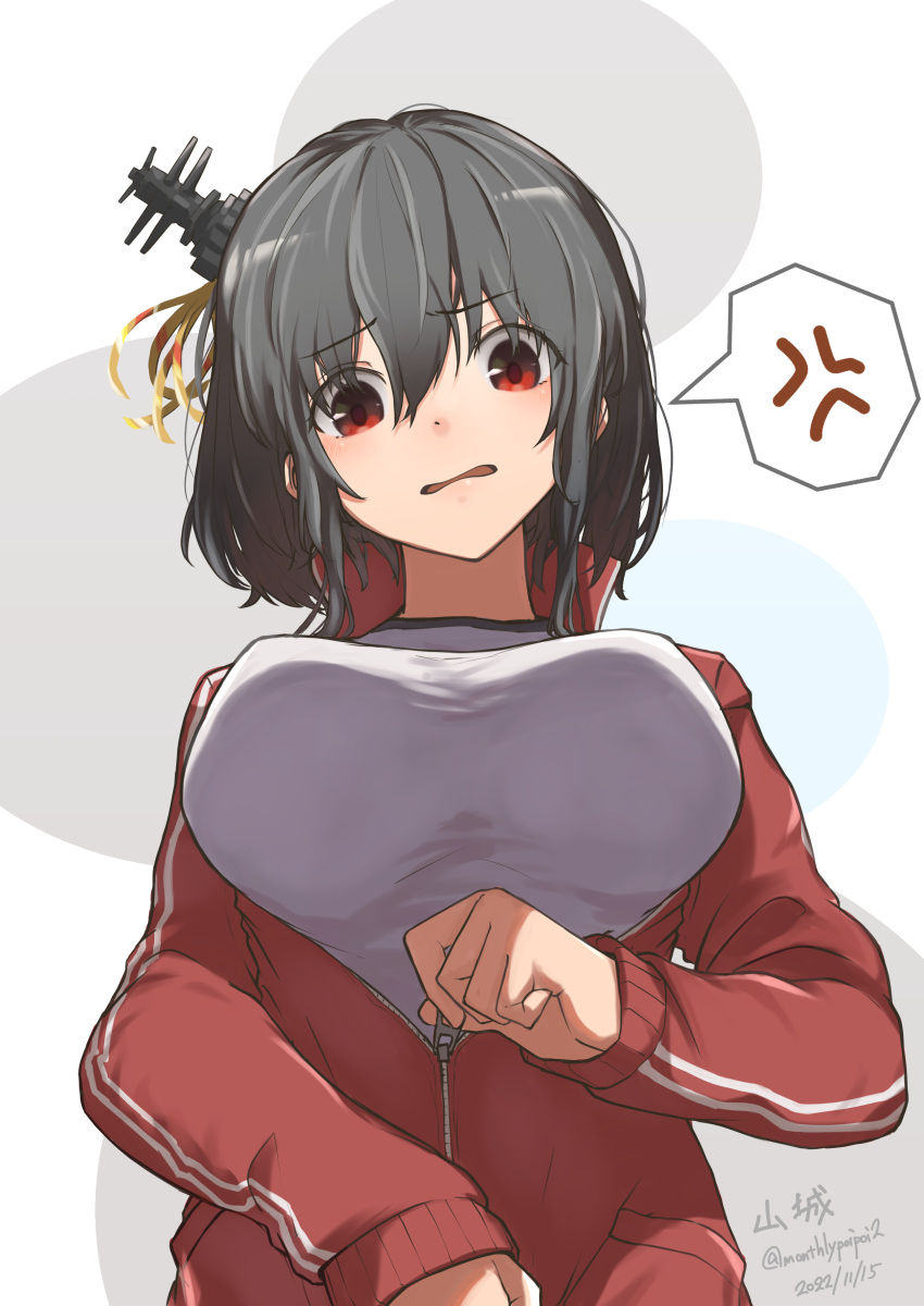 1girl absurdres alternate_costume black_hair breasts character_name dated gym_uniform hair_ornament headgear highres jacket kantai_collection long_sleeves open_clothes open_jacket red_eyes red_jacket short_hair solo track_jacket twitter_username umibudou wavy_mouth white_background yamashiro_(kancolle)