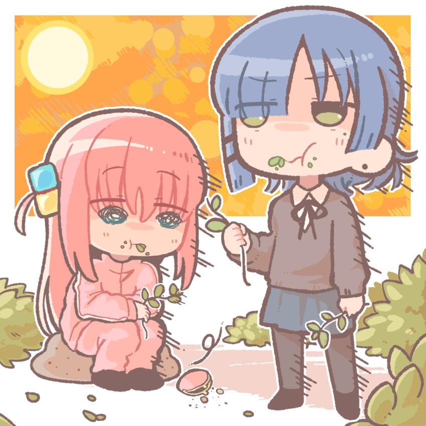 2girls bangs black_ribbon black_skirt blue_eyes blue_hair bocchi_the_rock! branch chibi closed_mouth coin collared_shirt cube_hair_ornament eating full_body garubegaru gotou_hitori hair_ornament highres holding holding_branch jacket leaf long_hair looking_ahead looking_down mole mole_under_eye multiple_girls neck_ribbon one_side_up pants pantyhose pink_hair pink_jacket pink_pants pleated_skirt ribbon shirt shirt_tucked_in short_hair sitting skirt standing sun track_jacket track_pants wallet white_shirt yamada_ryou