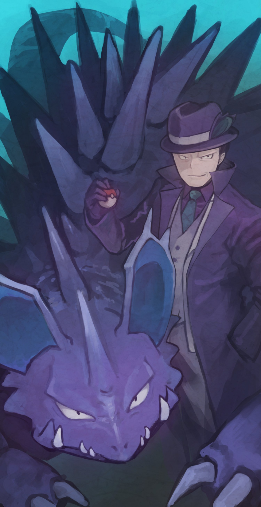 1boy absurdres blue_coat coat collared_shirt colored_skin giovanni_(pokemon) giovanni_(sygna_suit)_(pokemon) gloves grin highres holding holding_poke_ball looking_at_viewer male_focus necktie nidoking nikuzaiku official_alternate_costume poke_ball poke_ball_(basic) pokemon pokemon_(game) pokemon_masters_ex purple_skin shirt smile tail