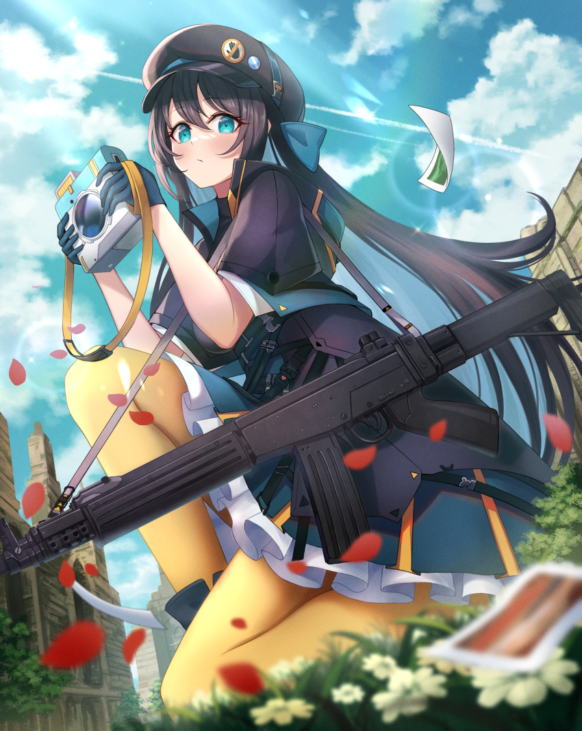 1girl absurdres assault_rifle bangs blue_eyes blue_gloves blue_hair blue_sky brown_hair camera closed_mouth clouds cloudy_sky colored_inner_hair commentary day dress expressionless falling_petals fara_83_(girls'_frontline) flower full_body girls_frontline gloves gun hair_between_eyes hat highres holding holding_camera long_hair looking_at_viewer multicolored_hair numaguro_(tomokun0808) outdoors pantyhose petals photo_(object) rifle sky sling solo weapon yellow_pantyhose