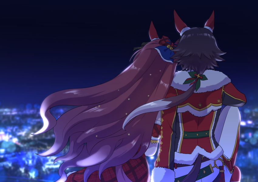 2girls arm_garter blurry blurry_background bow brown_hair daiwa_scarlet_(scarlet_nuit_etoile)_(umamusume) daiwa_scarlet_(umamusume) dress ear_covers from_behind fur-trimmed_jacket fur_trim hair_bow head_on_another's_shoulder highres horse_girl hoyon jacket knee_up leaning_on_person long_hair long_sleeves multiple_girls night outdoors pants red_dress red_jacket sitting umamusume vodka_(nonfreezing_aqua_vitae)_(umamusume) vodka_(umamusume) yuri