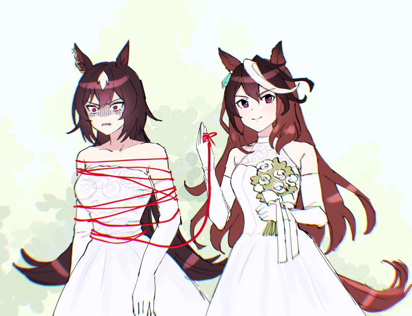 2girls absurdres alternate_costume animal_ears arms_at_sides bangs bare_shoulders bouquet breasts brown_hair chromatic_aberration closed_mouth dress elbow_gloves gloves hand_up highres holding holding_bouquet horse_ears horse_girl horse_tail long_hair looking_at_viewer medium_breasts multicolored_hair multiple_girls nayuta_ggg open_mouth sirius_symboli_(umamusume) small_breasts smile strapless strapless_dress streaked_hair string string_around_finger string_of_fate symboli_rudolf_(umamusume) tail turn_pale umamusume upper_body violet_eyes white_dress white_gloves