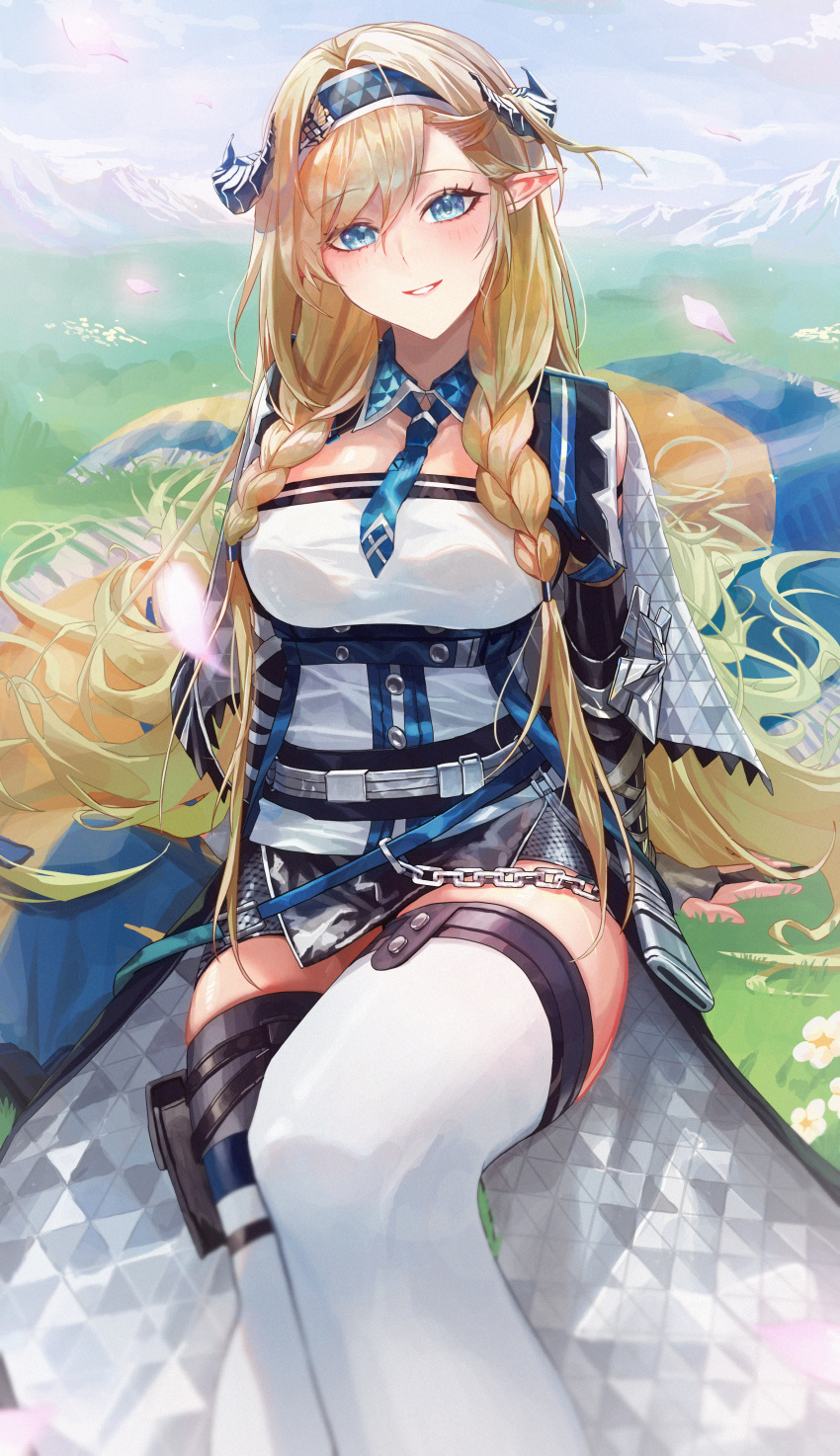 1girl absurdres arknights bad_perspective blonde_hair blue_eyes braid chain hair_between_eyes highres horns long_hair looking_at_viewer monge_baby pointy_ears saileach_(arknights) scabbard sheath smile thigh-highs white_thighhighs