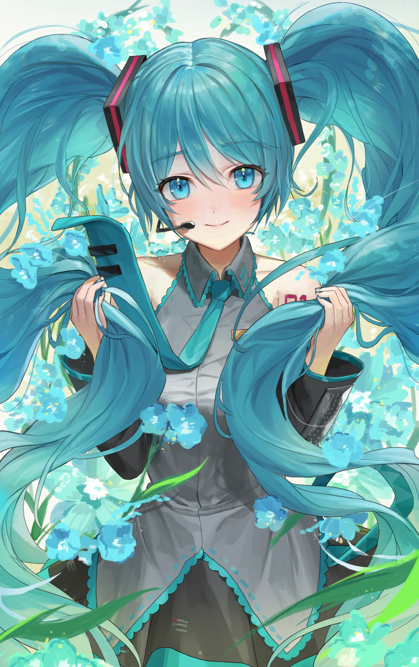 1girl absurdly_long_hair absurdres aqua_eyes aqua_hair aqua_nails aqua_necktie bangs bare_shoulders black_skirt black_sleeves blue_flower blush breasts detached_sleeves flower grey_shirt hair_between_eyes hands_up hatsune_miku headset highres holding holding_hair leaf long_hair long_sleeves medium_breasts nail_polish necktie number_tattoo ousi1997 pleated_skirt shirt shoulder_tattoo sidelocks skirt sleeveless sleeveless_shirt solo tattoo twintails very_long_hair vocaloid wide_sleeves