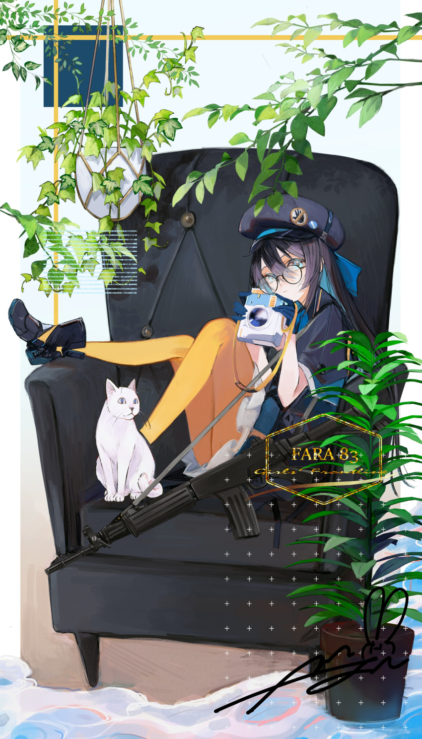 1girl aaoshigatoutoi absurdres armchair assault_rifle bangs black_footwear black_hair blue_eyes blue_gloves camera cat chair character_name closed_mouth commentary_request commission copyright_name dress fara_83_(girls'_frontline) full_body girls_frontline glasses gloves gun hair_between_eyes hat highres holding holding_camera indoors long_hair looking_at_viewer on_chair pantyhose plant potted_plant rifle signature sitting skeb_commission sling solo weapon white_cat yellow_pantyhose