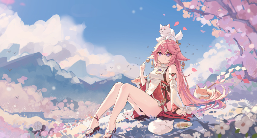 1girl animal animal_ears arm_up bangs bare_shoulders cherry_blossoms closed_mouth detached_sleeves earrings eating flower food food_on_face fox fox_ears gem genshin_impact highres holding holding_food jewelry kitsune long_hair nontraditional_miko pink_hair purple_gemstone red_skirt sitting skirt smile solo tassel thighs tofu turtleneck violet_eyes vision_(genshin_impact) wide_sleeves yae_miko yajuu