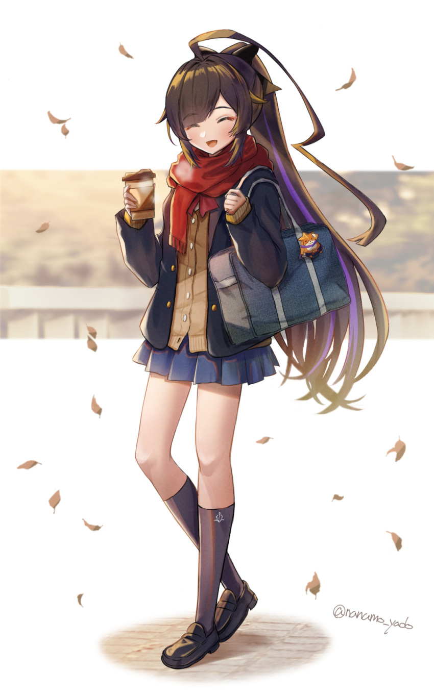 1girl :d ahoge autumn bag bangs black_footwear black_jacket black_socks blue_skirt blush brown_vest closed_eyes coffee_cup cup disposable_cup doyamona falling_leaves highres holding holding_bag holding_cup huge_ahoge jacket leaf long_hair looking_at_viewer miniskirt open_mouth pleated_skirt red_scarf saki_fuwa_(tower_of_fantasy) scarf school_uniform shoes skirt smile socks solo tower_of_fantasy very_long_hair vest