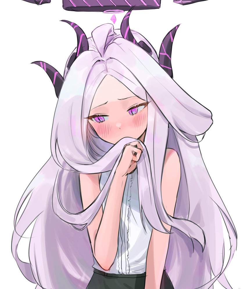 absurdres ahoge bangs blue_archive blush demon_horns halo highres hina_(blue_archive) horns long_hair looking_away multiple_horns nonoa parted_bangs purple_horns violet_eyes white_hair