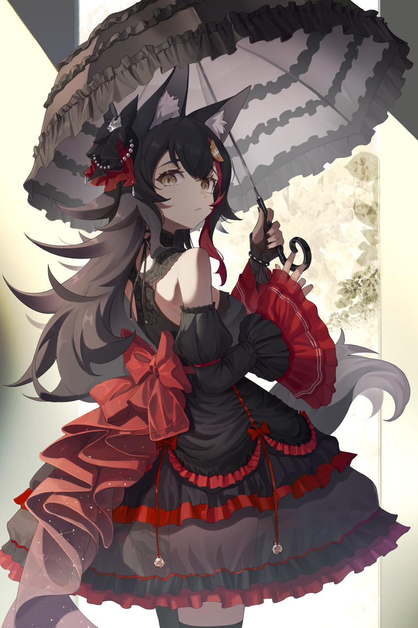 1girl absurdres animal_ear_fluff animal_ears bangs black_dress black_hair black_nails breasts commentary_request dress hair_between_eyes hair_ornament hairclip highres holding holding_umbrella hololive long_hair looking_at_viewer looking_back medium_breasts multicolored_hair ookami_mio redhead solo streaked_hair toga_(toganawa) umbrella virtual_youtuber wolf_ears wolf_girl yellow_eyes