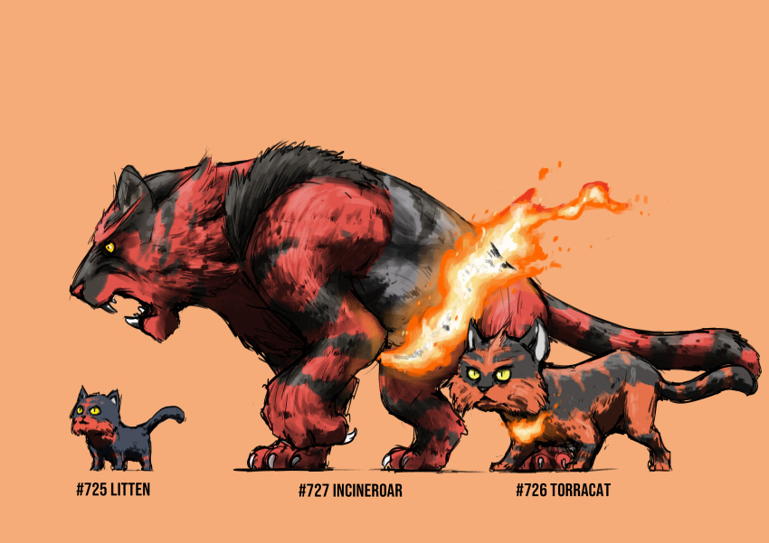 :&lt; :3 absurdres animal_focus blacknirrow cat character_name claws closed_mouth commentary english_commentary english_text evolutionary_line fangs fire from_side full_body highres incineroar leg_up litten no_humans open_mouth orange_background orange_theme pokedex_number pokemon pokemon_(creature) profile realistic simple_background sketch slit_pupils tiger torracat walking yellow_eyes