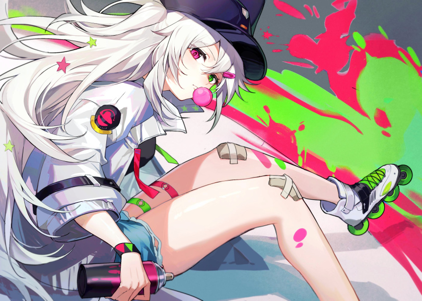 1girl bandage_on_knee banxsy_(girls'_frontline_nc) bracelet bubble_blowing chewing_gum commentary_request denim denim_shorts expressionless foot_out_of_frame girls'_frontline_neural_cloud girls_frontline green_eyes hair_between_eyes hair_ornament hairclip hat heterochromia highres inline_skates jacket jewelry legs long_hair looking_at_viewer paint pink_eyes roller_skates shorts skates solo spray_paint star_(symbol) star_hair_ornament white_hair white_jacket yunweishukuang