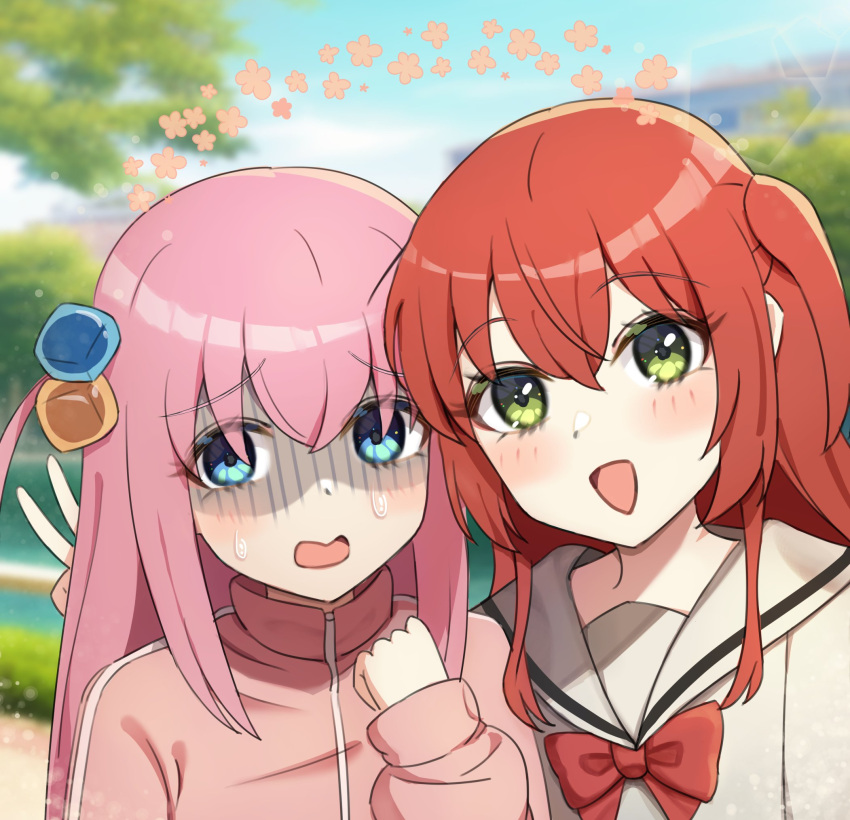 2girls bangs blue_eyes blush bocchi_the_rock! bow cube_hair_ornament gotou_hitori green_eyes hair_between_eyes hair_ornament highres jacket kita_ikuyo long_hair long_sleeves looking_at_viewer looking_away multiple_girls one_side_up open_mouth pink_hair pink_jacket ransoruru red_bow redhead sailor_collar school_uniform shaded_face smile sweatdrop track_jacket v white_sailor_collar
