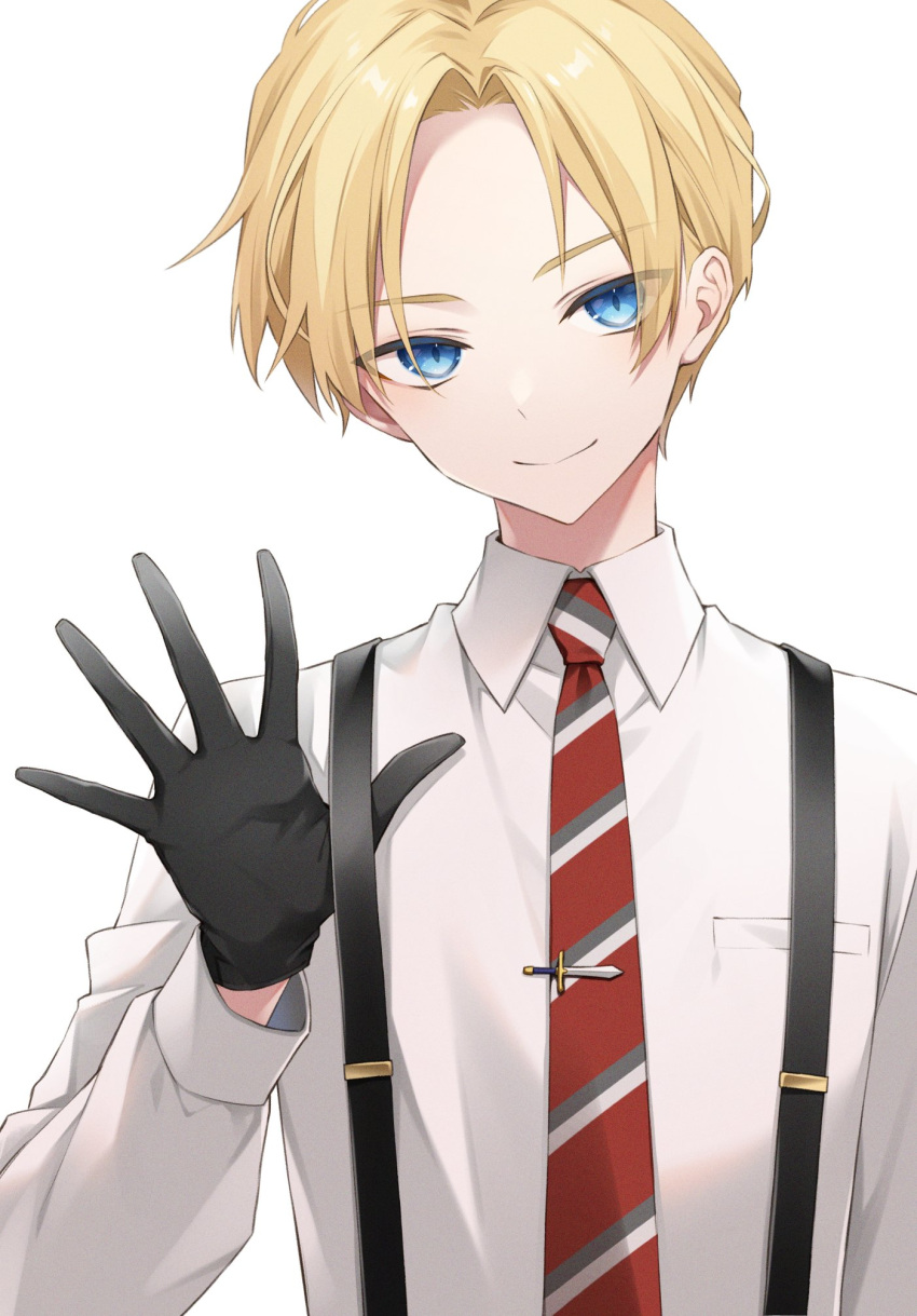 1boy bangs black_gloves blonde_hair blue_eyes collared_shirt gloves head_tilt highres holostars kishido_temma looking_at_viewer male_focus necktie nekonoyuto official_alternate_costume open_hand parted_bangs red_necktie shirt short_hair simple_background smile solo striped_necktie suspenders suspenders_pull tie_clip upper_body virtual_youtuber white_background white_shirt