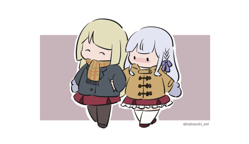 2girls ^_^ arm_at_side assault_lily bangs black_jacket blonde_hair blunt_bangs blush borrowed_garments braid brown_background brown_footwear brown_jacket brown_pantyhose chibi closed_eyes frilled_skirt frills grey_hair hair_ribbon hand_in_another's_pocket hand_in_pocket highres holding_hands hood hood_down hooded_jacket jacket kabayaki_(kabayaki_eel) kanba_girls_high_school_uniform kon_kanaho long_sleeves looking_at_another looking_to_the_side miniskirt mittens miyagawa_takane multiple_girls no_mouth nose_blush pantyhose pocket purple_ribbon red_skirt ribbon school_uniform shared_pocket shoes side-by-side side_braid sidelocks single_mitten skirt solid_oval_eyes thigh-highs twitter_username two-tone_background walking white_background white_thighhighs winter_clothes yuri zettai_ryouiki