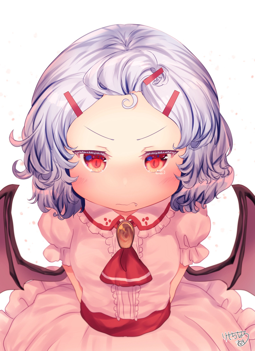 1girl absurdres bat_wings fang frills grey_hair hair_ornament hairclip highres kemo_chiharu looking_at_viewer medium_hair pout red_eyes remilia_scarlet short_sleeves signature simple_background tearing_up touhou white_background wings