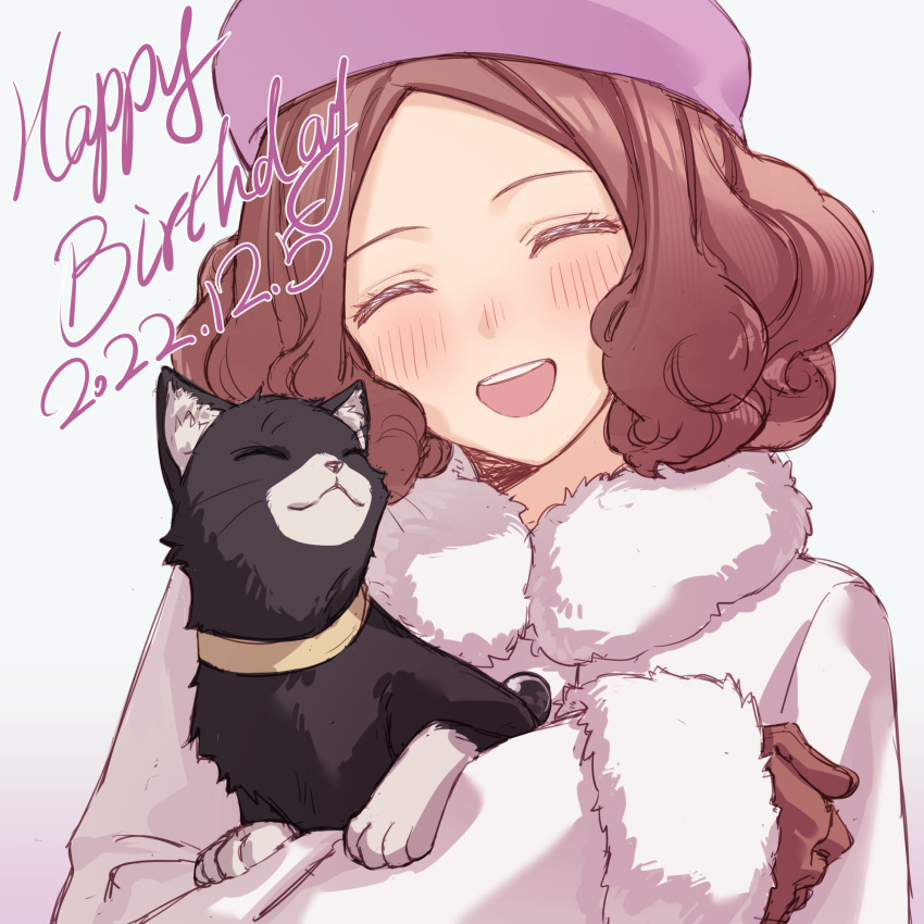 1girl animal beret black_cat blush brown_gloves brown_hair cat closed_eyes closed_mouth commentary dated english_text forehead fur-trimmed_jacket fur-trimmed_sleeves fur_collar fur_trim gloves happy_birthday hat highres holding holding_animal jacket morgana_(persona_5) okumura_haru open_mouth persona persona_5 pink_headwear simple_background smile teeth tsubsa_syaoin upper_body upper_teeth white_jacket