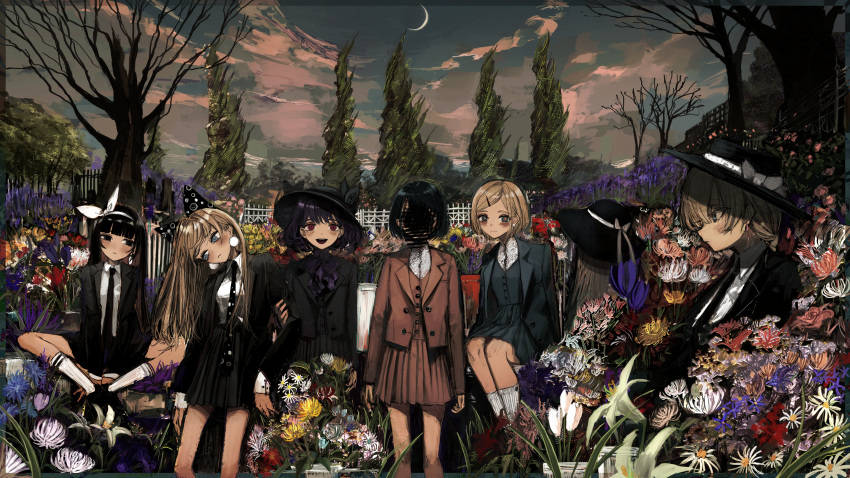 6+girls :d absurdres bangs black_eyes black_hair black_headwear black_jacket black_necktie black_skirt blonde_hair blue_eyes blunt_bangs blush bow bow_hairband brown_jacket brown_skirt closed_mouth clouds cloudy_sky commentary_request crescent_moon earrings flower grey_eyes grey_sky grey_vest hair_bow hair_ornament hairband hairclip hat hat_bow head_tilt high-waist_skirt highres indian_style jacket jewelry long_hair looking_at_viewer miniskirt moon multiple_girls narue necktie original outdoors pom_pom_(clothes) pom_pom_earrings red_eyes shirt sitting skirt sky smile socks spider_lily standing tree vest white_flower white_hairband white_shirt white_socks