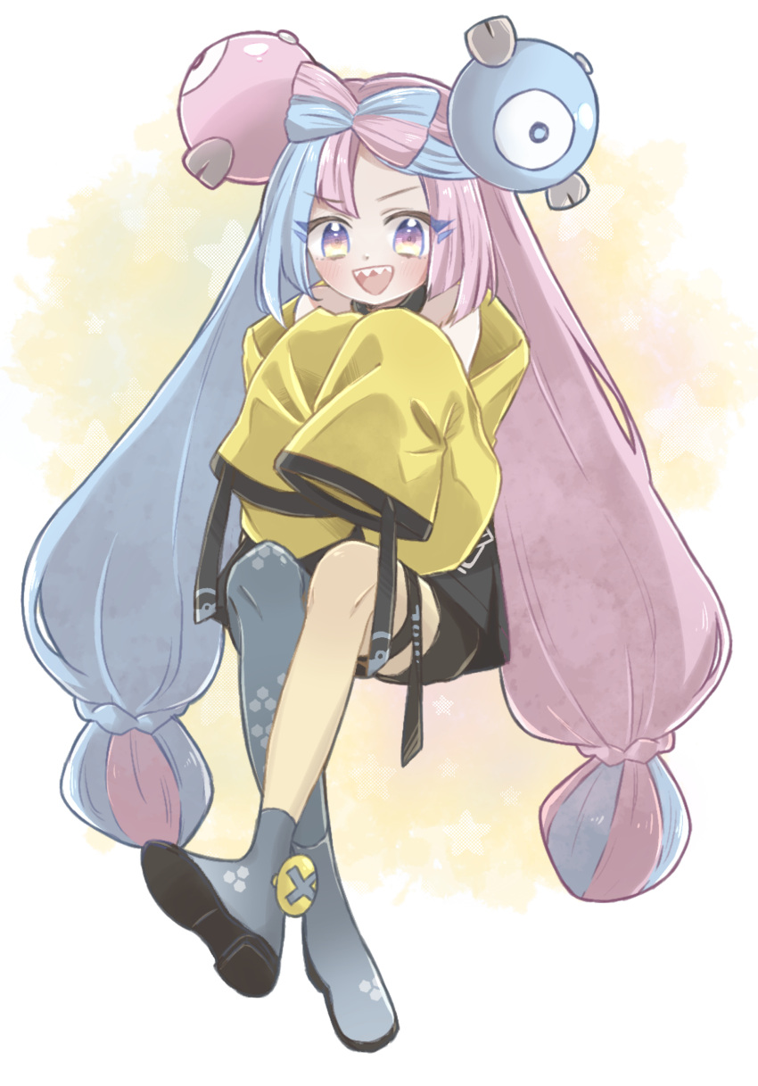 1girl bananan87ovo bow-shaped_hair character_hair_ornament grey_footwear grey_pantyhose hair_ornament hexagon_print highres iono_(pokemon) jacket long_hair low-tied_long_hair multicolored_hair oversized_clothes pantyhose pink_eyes pink_hair pokemon pokemon_(game) pokemon_sv sharp_teeth shirt single_leg_pantyhose sleeveless sleeveless_shirt sleeves_past_fingers sleeves_past_wrists solo teeth twintails two-tone_hair very_long_hair x yellow_jacket