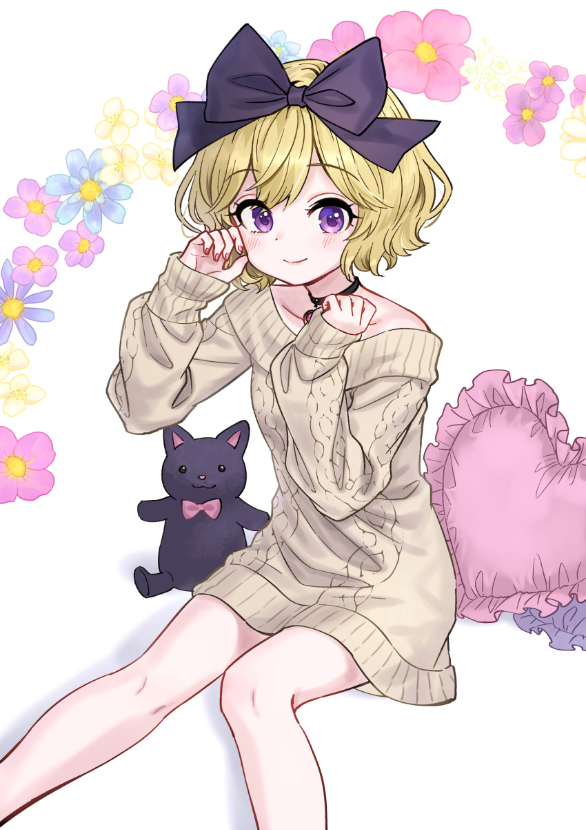 1girl :&gt; :3 ama-tou aran_sweater arm_up bangs bare_legs black_bow black_choker blonde_hair blue_flower blush bow bowtie cable_knit choker clenched_hand closed_mouth collarbone dot_nose dress elly_(tonari_no_kyuuketsuki-san) eyes_visible_through_hair feet_out_of_frame fingernails floral_background flower frilled_pillow frills gem grey_sweater hair_bow hair_tucking hand_up heart heart_pillow highres jewelry knees_together_feet_apart large_bow long_sleeves looking_at_viewer looking_to_the_side nail_polish official_art pendant pendant_choker pillow pink_bow pink_bowtie pink_flower pink_nails puffy_long_sleeves puffy_sleeves purple_flower short_hair sitting sleeves_past_wrists smile solo split_mouth stuffed_animal stuffed_cat stuffed_toy sweater sweater_dress swept_bangs tonari_no_kyuuketsuki-san violet_eyes w_arms wavy_hair white_background white_flower