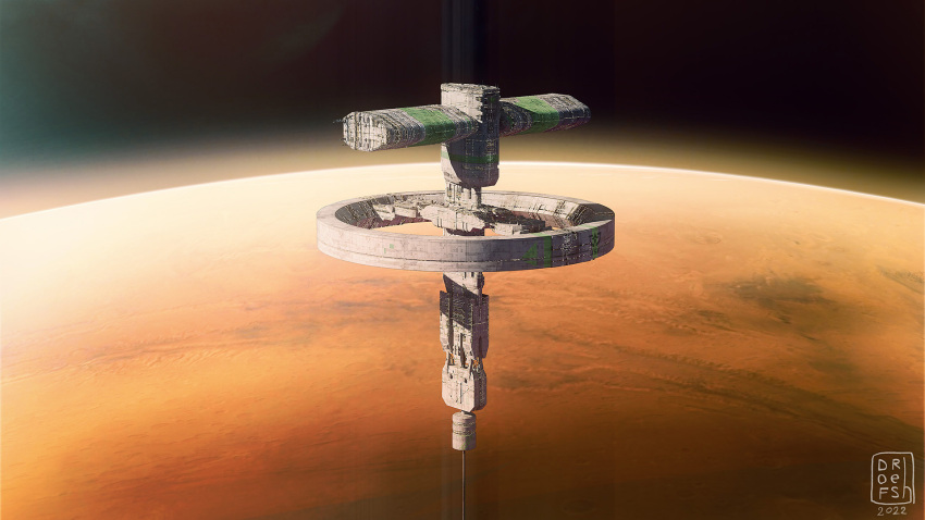dofresh highres in_orbit infinite_fleet mars_(destiny_child) mars_(planet) no_humans official_art scenery science_fiction space space_elevator space_station